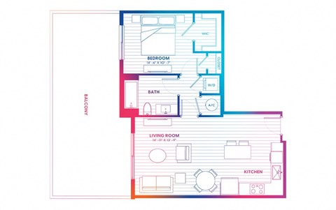 Floor plan for 1 bed, 1 bath, 715 sqft